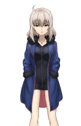 Rule 34 | 10s, 1girl, :o, absurdres, ahoge, alternate eye color, black dress, blue coat, brown eyes, coat, commentary, cosplay, cross, cwind, dress, fate/grand order, fate (series), fur-trimmed coat, fur trim, girls und panzer, highres, itsumi erika, jeanne d&#039;arc (fate), jeanne d&#039;arc alter (fate), jeanne d&#039;arc alter (fate) (cosplay), jeanne d&#039;arc alter (ver. shinjuku 1999) (fate), jewelry, long hair, looking at viewer, necklace, official alternate costume, open clothes, open coat, open mouth, short dress, silver hair, simple background, solo, standing, white background