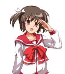 Rule 34 | 00s, 1girl, bad id, bad pixiv id, bow, brown eyes, brown hair, one eye closed, open mouth, salute, school uniform, serafuku, shibasaki shouji, short hair, short twintails, simple background, smile, solo, to heart (series), to heart 2, twintails, wink, yuzuhara konomi