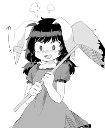 Rule 34 | 1girl, animal ears, bad id, bad pixiv id, blush, bright pupils, dress, greyscale, holding, low twintails, monochrome, nose blush, puffy short sleeves, puffy sleeves, rabbit ears, sasa kichi, seiran (touhou), short sleeves, simple background, solo, standing, touhou, twintails, upper body, white background