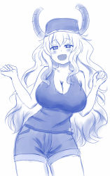 Rule 34 | 1girl, :d, baseball cap, blue theme, blush stickers, breasts, cleavage, cowboy shot, dragon horns, hat, heterochromia, highres, horns, huge breasts, kobayashi-san chi no maidragon, long hair, looking at viewer, monochrome, open mouth, lucoa (maidragon), short shorts, shorts, simple background, sketch, smile, solo, tank top, viperxtr, white background