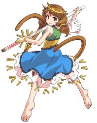 Rule 34 | 1girl, alphes (style), barefoot, blue dress, breasts, brown hair, circlet, dairi, detached sleeves, dress, full body, green dress, long hair, looking at viewer, low twintails, medium breasts, monkey tail, multicolored clothes, multicolored dress, open mouth, parody, red eyes, single detached sleeve, smile, solo, son biten, style parody, tachi-e, tail, test tube, touhou, transparent background, twintails, white sleeves, yellow dress