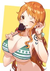 Rule 34 | 1girl, adjusting hair, bangle, bare shoulders, bikini, bikini top only, blush, bracelet, breasts, candy, chocolate, chocolate heart, cleavage, collarbone, earrings, food, green bikini, hand on own chest, hand up, heart, highres, holding, holding food, huge breasts, jewelry, kurage20001, log pose, long hair, looking at viewer, midriff, nami (one piece), navel, one eye closed, one piece, orange eyes, orange hair, pearl earrings, shoulder tattoo, single sidelock, smile, solo, swimsuit, tattoo, tongue, tongue out, underboob, upper body, very long hair, wavy hair