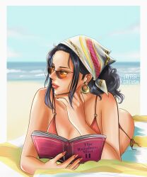 Rule 34 | 1girl, beach towel, bikini, black hair, book, cloud, earrings, greciiagzz, hand on own chin, head scarf, highres, holding, holding book, instagram username, jewelry, looking to the side, lying, nico robin, ocean, on stomach, one piece, red nails, sand, sidelocks, sky, solo, swimsuit, towel, twitter username