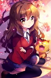 Rule 34 | 1girl, aisaka taiga, animal, artist name, black ribbon, black thighhighs, blazer, blush, brown eyes, brown footwear, brown hair, buttoned cuffs, buttons, cherry blossoms, closed mouth, collared shirt, crossed arms, dress shirt, eyebrows, fangs, hair between eyes, heart, heart-shaped pupils, highres, jacket, loafers, long hair, long sleeves, neck ribbon, palmtop tiger, petals, pleated skirt, red jacket, ribbon, school uniform, shirt, shoes, sitting, skirt, solo, sparkle, squchan, symbol-shaped pupils, thighhighs, tiger, toradora!, wariza, watermark, web address, white shirt, wing collar