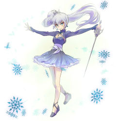 Rule 34 | 1girl, :&gt;, :&lt;, black footwear, blue dress, blue eyes, blue hair, blush, closed mouth, commentary request, dress, floating hair, full body, highres, holding, holding sword, holding weapon, iesupa, left-handed, long hair, looking at viewer, myrtenaster, outstretched arms, rapier, rwby, scar, scar across eye, shoes, side ponytail, sleeves past wrists, smile, snowflakes, solo, spread arms, sword, tsurime, v-shaped eyebrows, very long hair, weapon, weiss schnee, white background, white hair