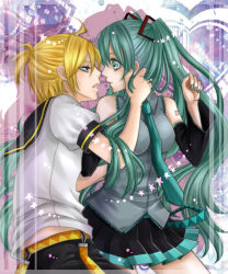 Rule 34 | 1boy, 1girl, aoi-mitsubachi, bad id, bad pixiv id, blonde hair, blue eyes, couple, detached sleeves, eye contact, green eyes, green hair, hatsune miku, hetero, imminent kiss, kagamine len, long hair, looking at another, necktie, open mouth, skirt, twintails, very long hair, vocaloid