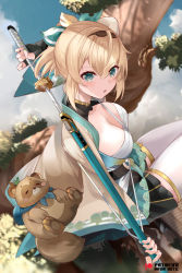 Rule 34 | 1girl, alternate breast size, arm up, black gloves, blonde hair, blue eyes, blush, breasts, chest sarashi, fingerless gloves, from side, gloves, hair ribbon, haori, holding, holding sheath, holding sword, holding weapon, hololive, japanese clothes, kazama iroha, large breasts, looking at viewer, looking to the side, miniskirt, mujinbensin, parted lips, pokobee, ponytail, ribbon, sarashi, sheath, short hair, skirt, solo, sword, thighhighs, tree, unsheathing, virtual youtuber, weapon, white thighhighs