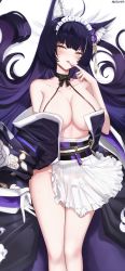 Rule 34 | 1girl, :p, animal ear fluff, animal ears, apron, azur lane, black bow, black choker, bow, bow choker, breasts, choker, cleavage, facial mark, feet out of frame, finger to mouth, flower, fox ears, frilled apron, frills, gloves, hair flower, hair ornament, highres, large breasts, long hair, looking at viewer, lying, maid headdress, musashi (azur lane), musashi (violet moonglow) (azur lane), nail polish, nekoya (liu), official alternate costume, on back, on bed, open clothes, purple flower, purple hair, single glove, solo, tongue, tongue out, whisker markings, white apron, white gloves, yellow eyes