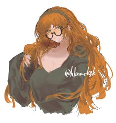 Rule 34 | 1girl, alternate breast size, black sweater, breasts, brown hairband, collared shirt, freckles, glasses, green eyes, hairband, hand up, highres, huge breasts, ishmael (project moon), limbus company, long hair, orange hair, project moon, rope, senichi, shirt, sidelocks, simple background, solo, sweater, v-neck, very long hair, white background