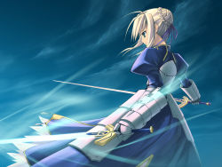 Rule 34 | 00s, 1girl, armor, armored dress, artoria pendragon (fate), blonde hair, caliburn (fate), dress, excalibur (fate/stay night), fate/stay night, fate (series), faulds, glowing, glowing sword, glowing weapon, green eyes, highres, saber (fate), solo, sword, wallpaper, weapon