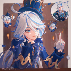 Rule 34 | 1boy, 1girl, ace attorney, ahoge, asymmetrical gloves, blue eyes, blue gloves, blue hair, blue headwear, blue jacket, chibi, commentary request, furina (genshin impact), genshin impact, gloves, hand up, hat, highres, jacket, ladywaltz, long hair, long sleeves, mismatched gloves, multiple views, neuvillette (genshin impact), parody, smile, top hat, upper body, very long hair, white gloves, white hair