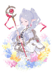 Rule 34 | 1girl, capelet, closed eyes, closed mouth, earrings, flower, frieren, grey hair, highres, holding, holding staff, jewelry, kaneni, long hair, long sleeves, pointy ears, sidelocks, simple background, solo, sousou no frieren, staff, twintails, very long hair, white background, white capelet