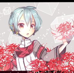 Rule 34 | 1boy, armband, blue hair, blush, brown eyes, chuuko anpu, cube, flower, general (module), gloves, half gloves, headphones, high collar, highres, holding, holding flower, kaito (vocaloid), long sleeves, male focus, open mouth, red armband, scarf, short hair, solo, spider lily, unhappy refrain (vocaloid), vocaloid