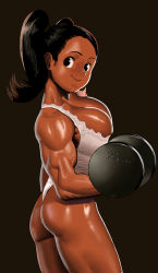 Rule 34 | 1girl, arung samudra (cessa), ass, biceps, black background, black eyes, black hair, breasts, cessa, cleavage, cowboy shot, dark-skinned female, dark skin, dumbbell, exercising, flat ass, large breasts, leotard, long hair, looking at viewer, muscular, muscular female, ombok diving and delivery services, simple background, smile, solo, weightlifting, white leotard