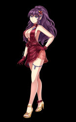 Rule 34 | 1girl, backless dress, backless outfit, black background, bow, breasts, choker, cleavage, dress, gloves, gold footwear, hair between eyes, hair ornament, hand on own hip, high heel sandals, high heels, highres, jewelry, large breasts, legs, linea alba, long hair, looking at viewer, murasaki (senran kagura), official alternate costume, official alternate hairstyle, plunging neckline, ponytail, purple eyes, purple hair, red bow, red choker, red dress, red gloves, senran kagura, senran kagura new link, senran kagura shinovi versus, sideboob, simple background, sleeveless, sleeveless dress, smile, solo, standing, thigh strap, zer0z vi