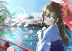 Rule 34 | 1girl, aqua eyes, aqua kimono, artist name, artist request, blue eyes, blue kimono, blue sky, blush, bow, breasts, brown hair, cloud, day, female focus, from behind, hair between eyes, hair bow, high ponytail, highres, holding, holding umbrella, japanese clothes, kimono, long hair, looking at viewer, looking back, love live!, love live! nijigasaki high school idol club, ocean, osaka shizuku, outdoors, parted lips, petals, pink petals, ponytail, red bow, red umbrella, sky, smile, solo, umbrella