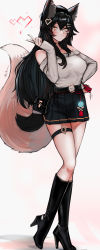 Rule 34 | 1girl, ahri (league of legends), alternate costume, animal ears, blush, boots, breasts, casual, cellphone, choker, collarbone, contemporary, ehrrr, facial mark, fox ears, fox tail, full body, hair ornament, hairclip, heart, high heel boots, high heels, highres, holding, large breasts, league of legends, legband, long hair, looking at viewer, miniskirt, off-shoulder shirt, off shoulder, open mouth, phone, shirt, skirt, smartphone, solo, tail, thighhighs, whisker markings