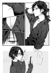 Rule 34 | 2boys, alternate hairstyle, arm behind head, black hair, blush, braid, cellphone, closed mouth, collarbone, comic, covering own mouth, dress shirt, greyscale, highres, holding, holding phone, kashuu kiyomitsu, low ponytail, male focus, messy hair, mole, mole under eye, monochrome, multiple boys, nail polish, pectoral cleavage, pectorals, phone, ribbed sweater, shirt, smartphone, sweat, sweater, tabehoudai, taking picture, touken ranbu, yamato-no-kami yasusada, yaoi