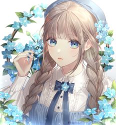 Rule 34 | 1girl, arm up, blue bow, blue eyes, blue flower, blue nails, blue neckwear, blunt bangs, bow, braid, brown hair, buguma, closed mouth, collared shirt, expressionless, flower, frilled skirt, frills, glint, hat, light blush, long sleeves, looking at viewer, nail polish, original, puffy long sleeves, puffy sleeves, shirt, sidelocks, skirt, solo, sparkle, twin braids, upper body, white background