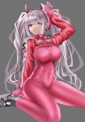 Rule 34 | 1girl, :o, absurdres, alice (nikke), animal ear headphones, animal ears, bodysuit, breasts, covered navel, cropped jacket, fake animal ears, gloves, goddess of victory: nikke, grey background, grey hair, headphones, headset, highres, impossible bodysuit, impossible clothes, jacket, large breasts, latex, latex bodysuit, long hair, pink bodysuit, pink eyes, pink gloves, pink jacket, puffy sleeves, sazuna (user gepn5443), shoes, sidelocks, simple background, sitting, skin tight, sleeves past wrists, sneakers, solo, twintails, two-tone gloves, wariza, white footwear, white gloves