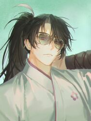 Rule 34 | 1boy, black hair, chungmyung, closed mouth, glasses, green background, hair ribbon, hand on own neck, high ponytail, highres, korean clothes, korean commentary, long hair, looking at viewer, parted bangs, pink eyes, return of the mount hua sect, ribbon, robe, solo, sunglasses, white robe, yongsil