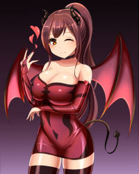 Rule 34 | 1girl, absurdres, bare shoulders, black thighhighs, blush, bodycon, breasts, brown eyes, brown hair, choker, cleavage, closed mouth, collarbone, demon girl, demon horns, demon tail, demon wings, dress, elbow gloves, fingerless gloves, gloves, heart, highres, horns, ibusuki, large breasts, latex, latex dress, latex gloves, latex thighhighs, long hair, looking at viewer, nail polish, off-shoulder dress, off shoulder, one eye closed, original, ponytail, red dress, red gloves, red nails, smile, solo, tail, thighhighs, very long hair, wings