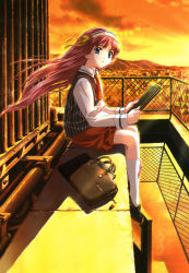 Rule 34 | 1girl, :o, artbook, bag, blue eyes, book, chain-link fence, cityscape, cloud, door, fence, flat chest, hair ribbon, hairband, happoubi jin, highres, holding, industrial pipe, charm (object), kneehighs, loafers, long hair, looking back, manatsu no tobira, mizuhara nanami, mountain, necktie, official art, open mouth, outdoors, pink hair, profile, ribbon, rooftop, scan, school bag, school uniform, serafuku, shoes, sitting, skirt, sky, socks, solo, striped, sun, sunset, sweet body, vest, white socks, wind