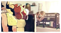 Rule 34 | 1girl, bad id, bad pixiv id, blurry, border, cat, chair, closed eyes, closed mouth, commentary request, couch, creatures (company), cushion, desk, game freak, gen 3 pokemon, headpat, highres, indoors, nao (naaa 195), nintendo, pokemon, pokemon (creature), sitting, skitty, smile, standing, white border
