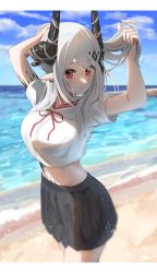 Rule 34 | 1girl, :o, absurdres, alternate costume, alternate hairstyle, arknights, arms up, beach, black skirt, blouse, blue sky, breasts, commentary request, cowboy shot, crop top, day, earrings, grey hair, heimu (heim kstr), highres, holding, holding hair, horizon, horns, jewelry, large breasts, letterboxed, long hair, looking at viewer, material growth, miniskirt, mudrock (arknights), navel, neck ribbon, ocean, oripathy lesion (arknights), outdoors, parted lips, pleated skirt, pointy ears, ponytail, red eyes, red ribbon, ribbon, shirt, short sleeves, skirt, sky, solo, tying hair, water, white shirt