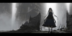 Rule 34 | 1girl, absurdres, apron, armband, asteroid ill, black border, black dress, black footwear, black hat, border, building, closed mouth, commentary, cross, dress, eyes visible through hair, fog, grey hair, hat, highres, indie virtual youtuber, letterboxed, long hair, long sleeves, minai karte, nurse cap, outdoors, puffy sleeves, red eyes, ruins, scenery, sidelocks, socks, solo, standing, two side up, virtual youtuber
