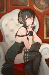 Rule 34 | 1girl, bare shoulders, black dress, black gloves, black hair, black thighhighs, blush, boots, breasts, choker, cleavage, closed mouth, darr1o, dress, earrings, fingerless gloves, flower, from side, gloves, hair flower, hair ornament, hairband, high heels, highres, jewelry, large breasts, long hair, looking at viewer, medium breasts, nail polish, on chair, red eyes, red nails, sideboob, sidelocks, sitting, sleeveless, sleeveless dress, smile, solo, spy x family, thigh boots, thighhighs, two-sided dress, two-sided fabric, yor briar
