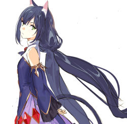Rule 34 | 1girl, animal ear fluff, animal ears, arms behind back, bare shoulders, black hair, breasts, cat ears, cat girl, cat tail, detached sleeves, dress, from side, green eyes, karyl (princess connect!), long hair, looking at viewer, low twintails, multicolored hair, pako (pakosun), princess connect!, simple background, sleeveless, sleeveless dress, small breasts, solo, streaked hair, tail, twintails, white background, white hair