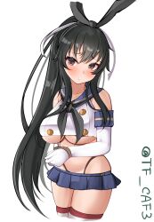 Rule 34 | 1girl, black hair, black hairband, black neckerchief, black panties, blue sailor collar, blue skirt, breasts, cosplay, cowboy shot, crop top, elbow gloves, gloves, hair ribbon, hairband, highleg, highleg panties, highres, kantai collection, large breasts, long hair, microskirt, miniskirt, neckerchief, one-hour drawing challenge, panties, pleated skirt, ponytail, red eyes, ribbon, sailor collar, shimakaze (kancolle), shimakaze (kancolle) (cosplay), sidelocks, simple background, skirt, solo, striped clothes, striped thighhighs, tf cafe, thighhighs, twitter username, underboob, underwear, white background, white gloves, white ribbon, yahagi (kancolle)