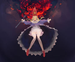 Rule 34 | 1girl, blonde hair, bloomers, dress, final fantasy, final fantasy tactics, hat, juju (poipoipui), long hair, robe, solo, staff, time mage, time mage (fft), underwear, weapon
