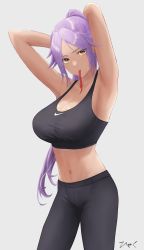 Rule 34 | 1girl, absurdres, armpits, arms up, black bra, black pants, bleach, bra, breasts, brown eyes, cleavage, collarbone, dark-skinned female, dark skin, grey background, high ponytail, highres, hyakuu ty1, large breasts, long hair, looking at viewer, midriff, mouth hold, navel, pants, parted bangs, purple hair, red ribbon, ribbon, ribbon in mouth, shihouin yoruichi, shiny skin, simple background, solo, sports bra, sportswear, standing, stomach, tying hair, underwear, very long hair