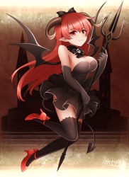 Rule 34 | 1girl, artist name, bad id, bad pixiv id, bare shoulders, black dress, black thighhighs, blush, breasts, building, castle, cleavage, demon girl, demon tail, demon wings, detached collar, dress, hair ribbon, high heels, horns, legs folded, long hair, mtyy, original, polearm, red eyes, red hair, ribbon, shoes, short dress, skirt, skull, small breasts, smile, solo, tail, thighhighs, trident, weapon, wings