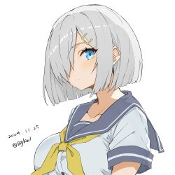 1girl absurdres bigkwl blue_eyes blush breasts dated grey_hair grey_sailor_collar hair_ornament hair_over_one_eye hairclip hamakaze_(kancolle) highres kantai_collection large_breasts looking_at_viewer neckerchief one-hour_drawing_challenge sailor_collar school_uniform serafuku short_hair short_sleeves simple_background solo twitter_username upper_body white_background yellow_neckerchief