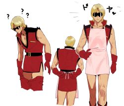 Rule 34 | 1boy, ?, adjusting clothes, apron, blonde hair, boots, closed mouth, commentary, gloves, gundam, hand on own hip, highres, male focus, military, military uniform, multiple views, pink apron, quattro bajeena, red footwear, red gloves, shishanmo, simple background, sleeveless, sunglasses, sweat, uniform, white background, zeta gundam