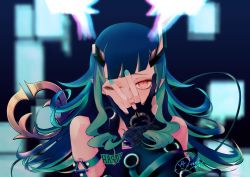 Rule 34 | 1girl, nanashi inc., belt, black gloves, black jacket, blue belt, blue hair, chest belt, clothing cutout, commentary request, demon girl, demon horns, eyelashes, gloves, hand over face, horns, jacket, long hair, long sleeves, looking at viewer, multicolored hair, one eye closed, partially fingerless gloves, pointy ears, red eyes, shishio chris, shoulder cutout, signature, solo, sugar lyric, tenum, tongue, tongue out, two-tone hair, upper body, virtual youtuber