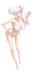 Rule 34 | 1girl, bare shoulders, bikini, blush, breasts, cleavage, collarbone, double bun, full body, hair bun, highres, large breasts, long hair, looking at viewer, navel, open mouth, original, pink eyes, pink hair, smile, solo, spider apple, swimsuit, white background, white bikini, white hair