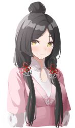 Rule 34 | 1girl, black hair, hair bun, highres, long hair, looking at viewer, low twintails, moonct, original, parted bangs, pink shirt, shirt, shirt under shirt, short sleeves, simple background, single hair bun, solo, split mouth, twintails, upper body, white background, white shirt, yellow eyes