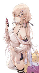 Rule 34 | 1girl, bandaid, bandaid on hand, bare shoulders, black choker, black ribbon, blue eyes, blue hair, bra strap, breasts, choker, collarbone, commentary, ear piercing, gradient hair, hair between eyes, hair ornament, hair ribbon, hairclip, highres, holding, holding phone, kim eb, light brown hair, long hair, long sleeves, looking at viewer, medium breasts, multicolored hair, nail polish, off shoulder, original, phone, phone with ears, piercing, purple nails, ribbon, signature, simple background, solo, striped clothes, striped thighhighs, stuffed animal, stuffed cat, stuffed toy, symbol-only commentary, thighhighs, twintails, very long hair, white background