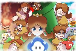 Rule 34 | 1girl, brown hair, crown, dual persona, earrings, elephant, elephant daisy, elephant fruit, fire, fire daisy, fire flower, flower earrings, gloves, goomba, grin, hand up, highres, jewelry, looking at viewer, mario (series), nintendo, power-up, princess daisy, puffy short sleeves, puffy sleeves, pushing, saon101, serious, short sleeves, smile, super mario bros. wonder, talking, talking flower (mario), toad (mario), warp pipe, wonder flower, yellow toad (mario)