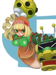 Rule 34 | 1girl, 2020, @ @, arms (game), arms behind back, blunt bangs, bob cut, breasts, chinese clothes, commentary request, d:, domino mask, dragon (arms), foreshortening, green eyes, highres, knit hat, looking away, looking to the side, mandarin collar, mask, megawatt (arms), midair, min min (arms), multicolored clothes, multicolored headwear, open mouth, orange headwear, orange shorts, print headwear, shaded face, shirt, shorts, simple background, solo, tateana shiki, taut clothes, taut shirt, teeth, upper teeth only, white background