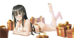 Rule 34 | 1girl, ass, barefoot, black hair, blurry, blush, box, breasts, closed mouth, collarbone, depth of field, from side, full body, gift, gift box, green eyes, hair between eyes, kuro emimi, leg lift, long hair, looking at viewer, lying, medium breasts, nude, on stomach, original, ribbon, smile, solo, striped ribbon, the pose, very long hair, white background
