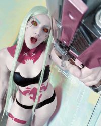 Rule 34 | 1girl, aiming, aiming at viewer, bare legs, bare shoulders, black bra, black panties, bra, brazilian (nationality), breasts, colored sclera, colored skin, cosplay, cyberpunk (series), cyberpunk edgerunners, green eyes, gun, highres, holding, holding gun, holding weapon, leg tattoo, looking at viewer, memepantazis, neck tattoo, open mouth, panties, perspective, photo (medium), rebecca (cyberpunk), rebecca (cyberpunk) (cosplay), red sclera, stomach tattoo, tattoo, underwear, underwear only, weapon, white skin, wide hips