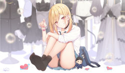 Rule 34 | 1girl, absurdres, bag, bag charm, black choker, black socks, blonde hair, blue skirt, blurry, blurry background, character charm, character doll, charm (object), choker, collarbone, collared shirt, commentary request, depth of field, ear piercing, earrings, feet, female focus, full body, gojou wakana, grin, hand up, head tilt, highres, holding, huge filesize, jewelry, kitagawa marin, knees up, long hair, looking at viewer, mannequin, nail polish, neps-l, nikaidou shion, no shoes, piercing, pink nails, pleated skirt, red eyes, school bag, school uniform, shirt, sitting, skirt, smile, socks, soles, solo, sono bisque doll wa koi wo suru, white shirt