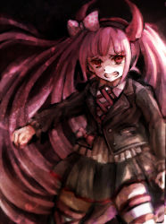 Rule 34 | 1girl, black background, black jacket, bow, child, collared shirt, danganronpa (series), danganronpa another episode: ultra despair girls, doraraemon, ears, eyebrows hidden by hair, fake horns, frilled skirt, frills, hairband, headband, highres, horned headwear, horns, jacket, long hair, long sleeved jacket, long sleeves, looking at viewer, lower teeth only, matching hair/eyes, open mouth, pink eyes, pink hair, pink hairband, pink headband, pink headwear, pink horns, pink stripes, polka dot, polka dot bow, shirt, simple background, skirt, striped clothes, striped thighhighs, teeth, thighhighs, twintails, upper teeth only, utsugi kotoko, white shirt, white stripes