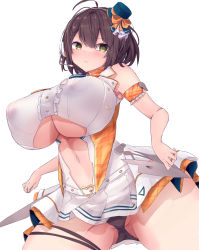 Rule 34 | 1girl, ahoge, arm strap, arm up, armpits, azur lane, baltimore (azur lane), baltimore (muse) (azur lane), bare shoulders, black panties, bow, braid, breasts, brown hair, cameltoe, center frills, center opening, clothes lift, clothing cutout, covered erect nipples, cowboy shot, crop top, french braid, frills, from below, groin, hair between eyes, hairband, hat, headset, highres, huge breasts, idol, looking at viewer, mini hat, motion lines, navel, navel cutout, official alternate costume, open mouth, orange bow, panties, pantyshot, partially visible vulva, shirt, short hair, sidelocks, simple background, skirt, skirt lift, sleeveless, sleeveless shirt, solo, stage, standing, sweat, thick thighs, thighs, underboob, underboob cutout, underwear, white background, white hairband, white shirt, white skirt, yellow eyes, yuuki shuri