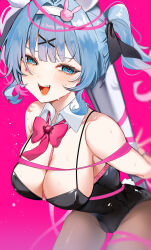 Rule 34 | 1girl, :d, absurdres, animal ears, black leotard, black pantyhose, blue eyes, blue hair, bound, bow, bowtie, breasts, cameltoe, cleavage, detached collar, fake animal ears, hair ornament, hairband, hatsune miku, heart, heart-shaped pupils, highres, large breasts, leotard, medium hair, norisukexxy, open mouth, pantyhose, pink background, pink ribbon, playboy bunny, pole, rabbit ears, rabbit hole (vocaloid), red bow, red bowtie, ribbon, smile, solo, stripper pole, sweatdrop, symbol-shaped pupils, teardrop facial mark, twintails, vocaloid, white hairband, x hair ornament